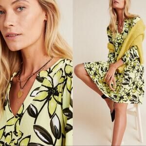 Anthropologie Maeve Bright Green Floral Print Tiered Dress